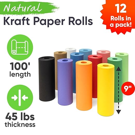 9" x 1200" USA-Made Multi-Color Kraft Paper Rolls, 45 lbs/66 GSM, 12 Rolls Set - Colored Kraft Paper for Packing, Crafts, DIY Projects, Gift Wrapping - Non-Toxic, Safe for Kids
