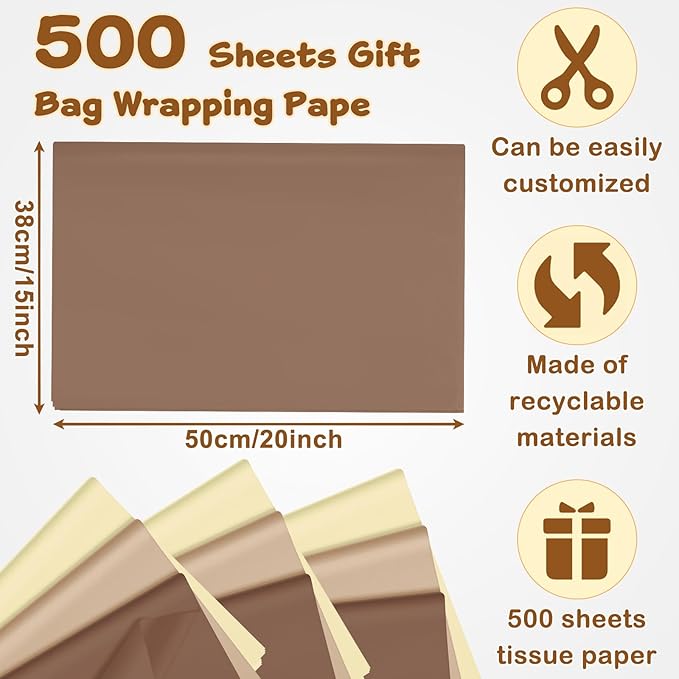 Qilery 500 Sheets Kraft Brown Tissue Paper Bulk 15 x 20 Inch Acid Free Wrapping Gift Paper for Valentine's Day Wedding Birthday Gift, Baby Shower Bachelorette Party Decoration, Flowers Packaging