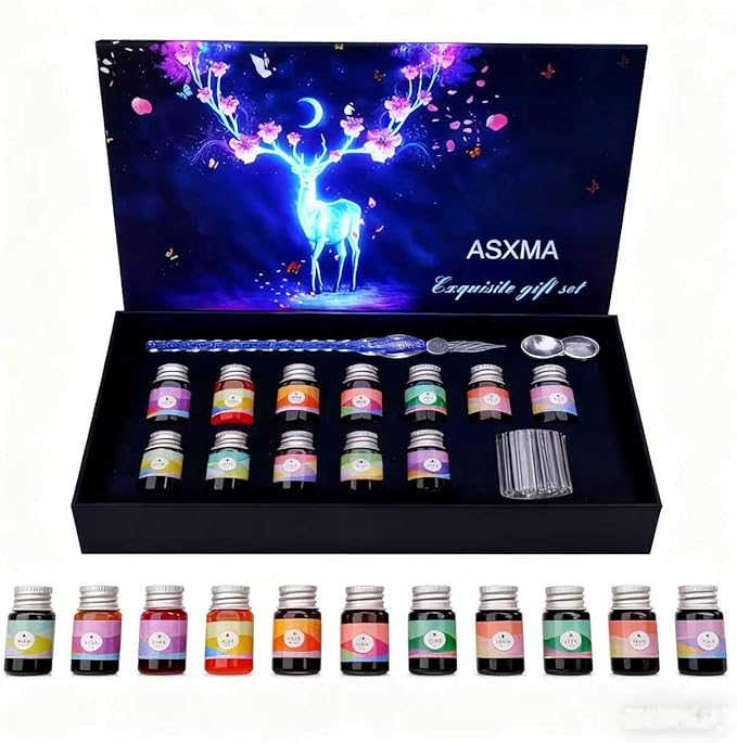 Glass Dip Calligraphy Pen Set, 14-Pieces 12 Color Inks, Pen Holder, Cleaning Cup, 1Crystal Glass Pens for Art, Writing, Drawing, Signatures, Gift for Kids and Artist