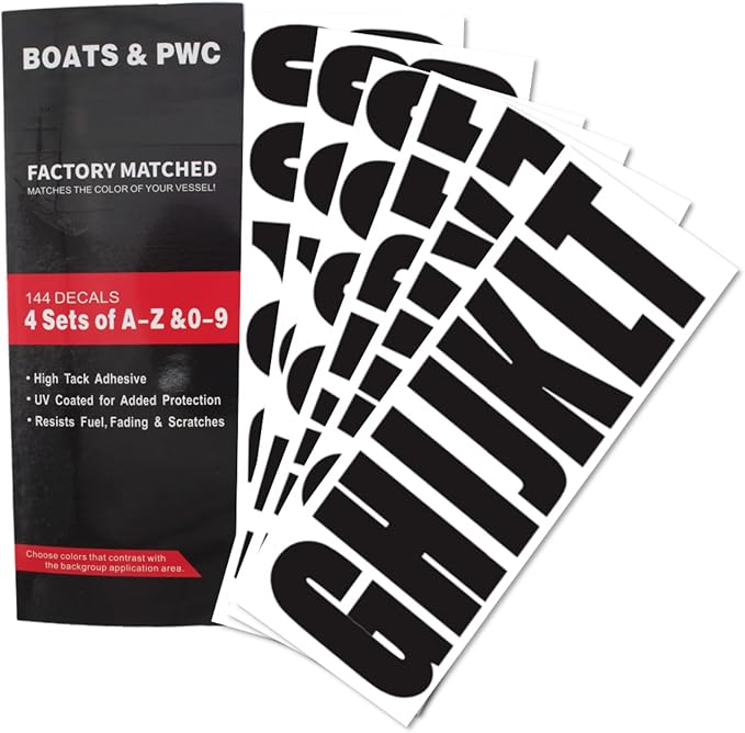 4 Sets of 3" Black Marine Boat Sticker Decals A-Z Letters & 0-9 Numbers for Yachts & Personal Watercraft Waterproof Anti-Scratch