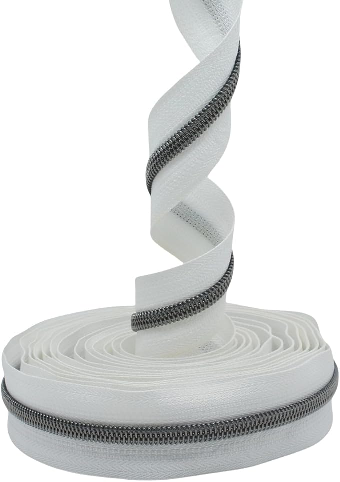 MebuZip #5 Gunmetal Metallic Nylon Coil Zippers by The Yard Bulk Coil Zipper Roll 10 Yards with 25pcs Pulls for DIY Sewing Craft Bags (White)
