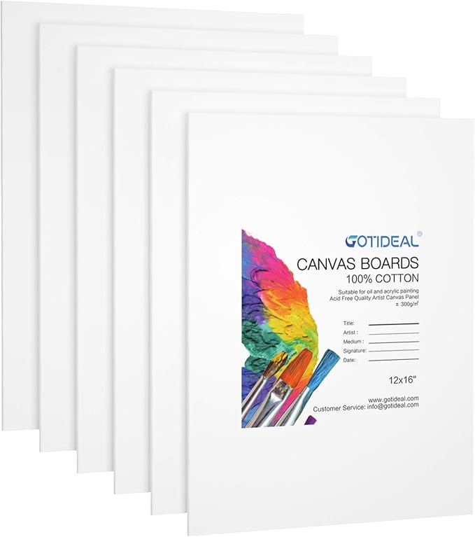 GOTIDEAL Canvases for Painting, 12x16 inch of 6 Pack, Professional Primed White Blank Flat Canvas Panels- 100% Cotton Artist Canvas Boards for Acrylics Painting, Oil Watercolor Tempera