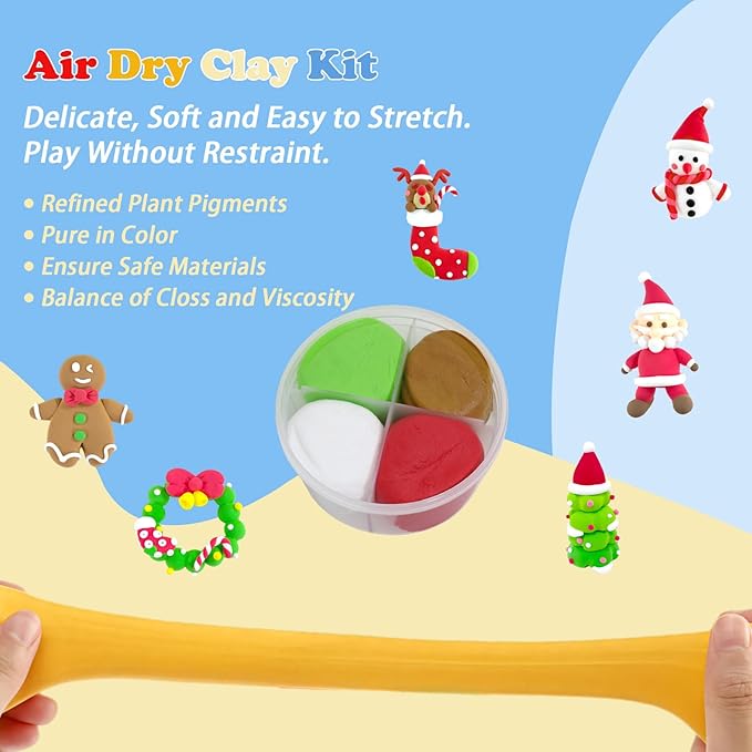 Christmas Air Dry Clay Kit, Christmas DIY Crafts Kit,Modeling Magic Soft Clay DIY Art Sculpting Supplies，Xmas Snowman Holiday Party Favors Birthday Gifts for Kids