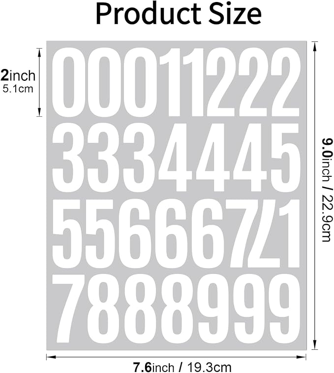 10 Sheets Vinyl Mailbox Number Stickers - Self-Adhesive Address Labels for Cars, House Doors, Windows & Metal Mailboxes (White, 2 inch)