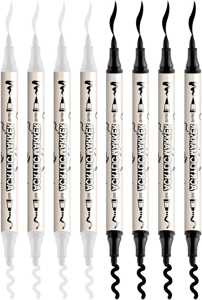 TRANSON 4 Black and 4 White Paint Markers Brush and Bold Dual-tip Acrylic Paint Marker Set for Rock Painting Glass Canvas Wood Leather Ceramic Painting