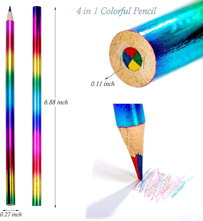 24 Pieces Rainbow Colored Pencils, 4 Color in 1 Colorful Rainbow Pencils for Kids Multi Colored Pencil with Pencil Sharpener Laser Colored Pencils Bulk for Drawing Kids Adult School Painting