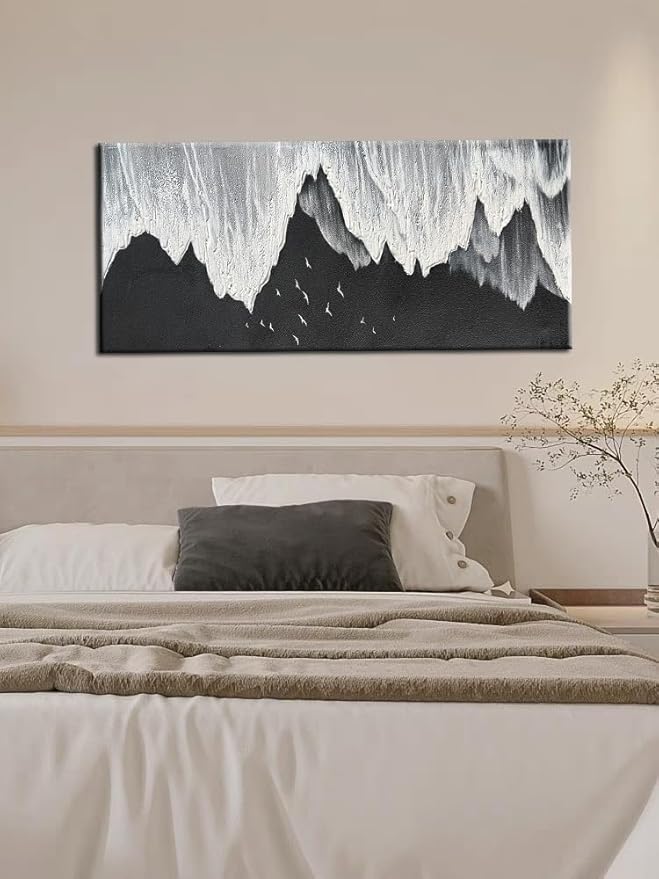 YaSheng Art - Oil Painting on Canvas Texture Black and White Ocean scenery sandbeach 3D Oil Painting Hand-Painted Abstract Artwork Paintings Modern Home Decor Living room sofa bedroom dining room hanging pictures Canvas Wall Art 24x48inch