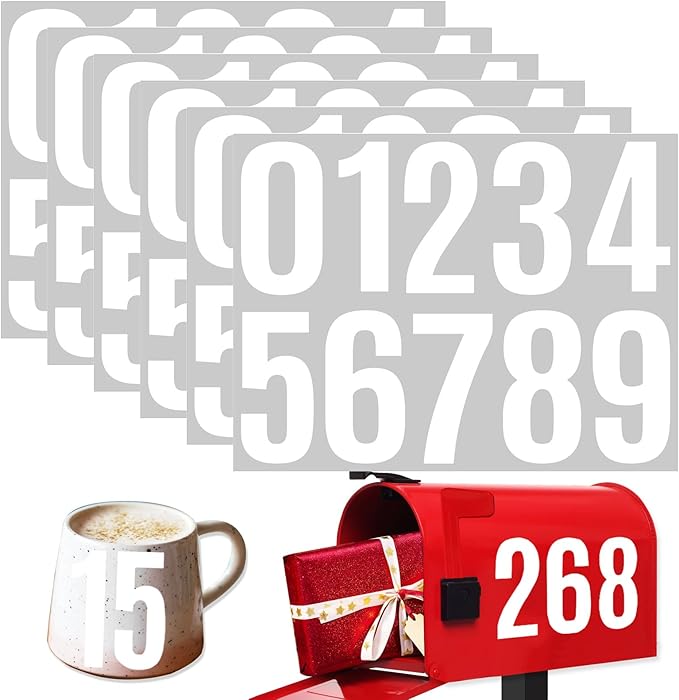 6 Sheets 4 Inch Mailbox Numbers Stickers Vinyl Decals,Self Adhesive Number Waterproof Large House Address Numbers for Outside Mailbox,Sign,Window,DIY Crafts Making,Door,Car,Home,Business(White)