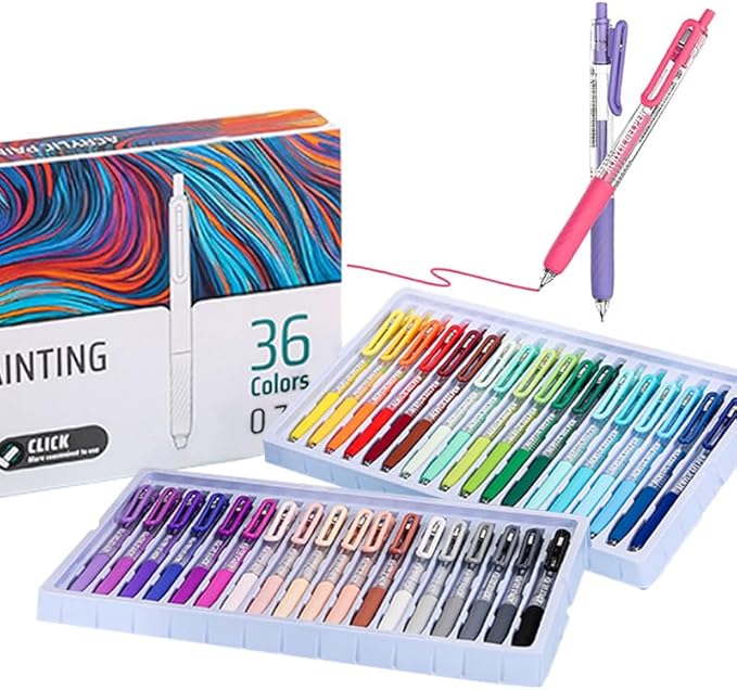 36 Colors Acrylic Gel Pens for Adult Coloring Books, 0.7mm Fine Tip Pens Marker with Press Design, Quick Dry Gel Pen for Paper, Canvas, Rock, Glass, Wood