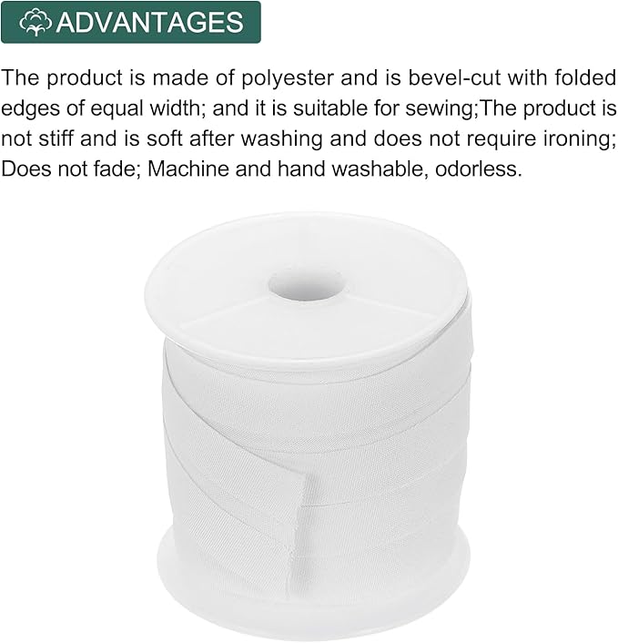 MECCANIXITY 1 Inch Single Fold Bias Tape Cotton Continuous Bulk Bias Tape for Sewing,Seaming Quilting Hemming Binding Crafts (White 10 Yards)