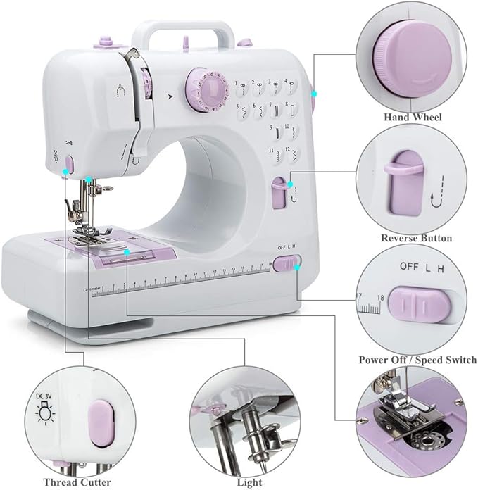 Mini Sewing Machine by Kalatic (Including Extension Table and Sewing Supplies Set) - Small Electric Overlock Sewing Machines with 2 Speed 12 Built-in Stitch Patterns KT-005-A30