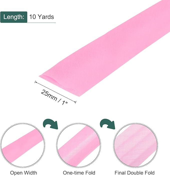 MECCANIXITY 1 Inch Double Fold Bias Tape Polyester Continuous Bulk Bias Tape for Sewing,Seaming Quilting Hemming Binding Crafts (Pink 10 Yards)