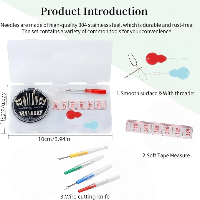 floatingsnow Premium Hand Sewing Needles Set,30-Count Assorted Embroidery Needles with threaders,Thread Removal Knife,Soft Tape Measure for Hand Sewing Repair