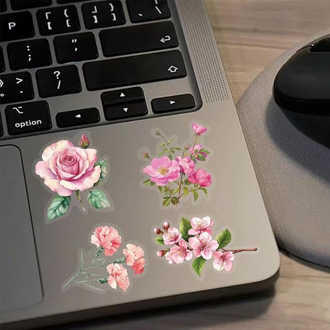 Pink Floral Waterproof Stickers for Scrapbooking – 50pcs Transparent Flower Decals for Journaling, Planner, Cardmaking, Laptops, Mug Decoration
