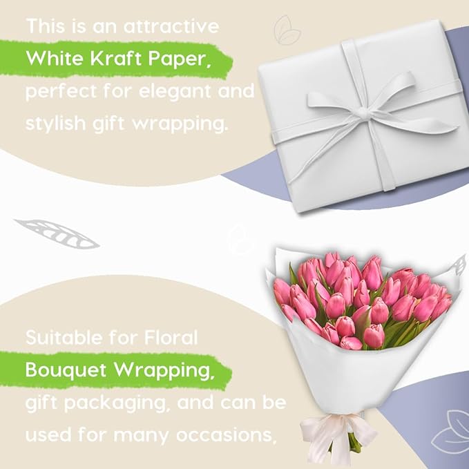PerkHomy White Kraft Paper Roll 48" x 3,600" (300') for Gift Wrapping Bouquet Flower Art Painting Craft Writing Packaging Shipping 80GSM 55LB (White, 48" x 300')