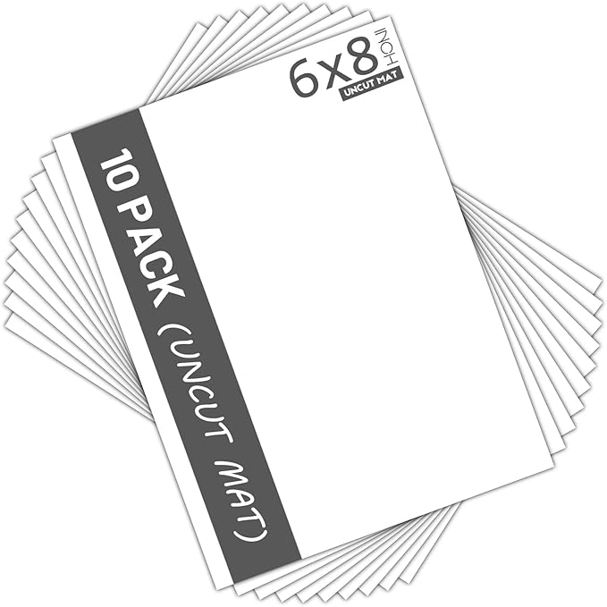 Mat Board Center, Pack of 10 6x8 White Uncut Mat Boards, Acid Free, 4-Ply Thickness, White Core, Great for Pictures, Photos, Framing Backing