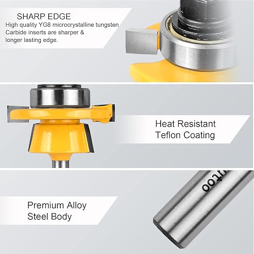 Exqutoo 1/2-Inch Shank 2 Set Bevel Shaker Rail and Stile Router Bits, Rail and Stile Router Bit Set for Cabinet Door Rail, Stile and More (3/8-Inch Cutting Depth, 7/8-Inch High)