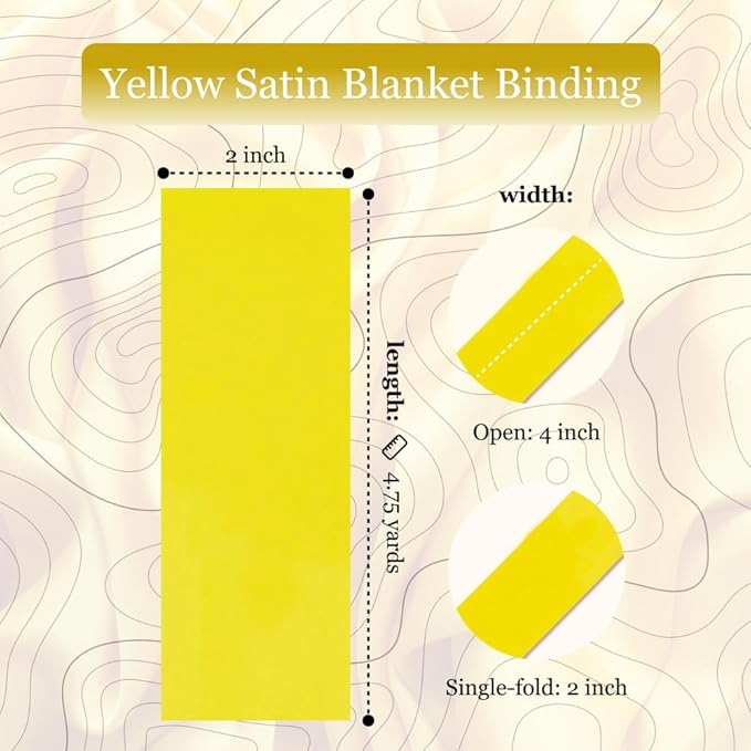 Yellow Satin Blanket Binding 2 Inch x 4 3/4 Yards Single Fold Tape for Quilt Edging Smooth Finish Easy to Sew On Durable Trim Material Ideal for Blanket Crafts DIY Projects Sewing