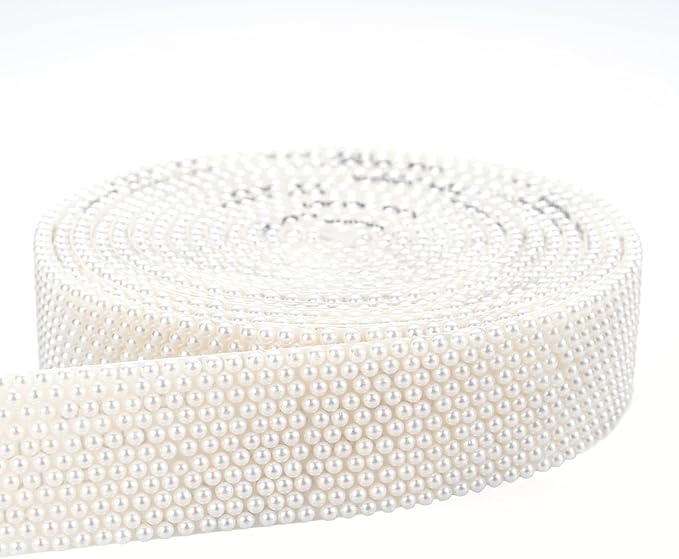 Novani Self Adhesive Pears Ribbon 1 Roll - 3 Yards Beige Pearls Crystal Diamond Bling Strips Glitter Resin Ribbon for Crafting Home DIY Decoration（Beige Pearls,1.14 Inch,3Y）
