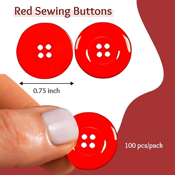 100 pcs 30L Red Sewing Buttons 3/4" (19mm) Round 4-Hole Round Plastic Glossy Buttons 0.75 inch Plain Bulk Button for Firefighter Uniform Clothes Workwear School Outfits Aprons Pants Bags Crafts DIY