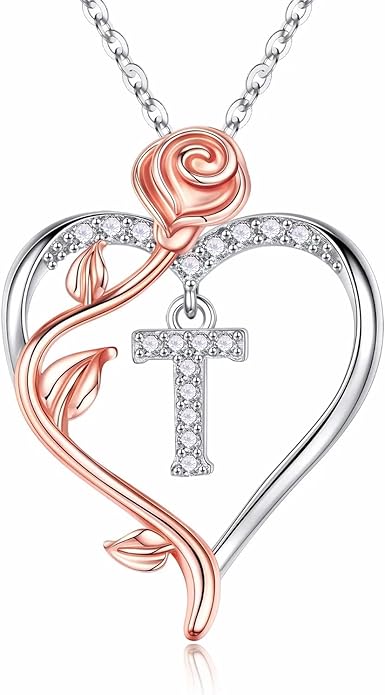 Iefil Christmas Gifts for Women Wife - 925 Sterling Silver Rose Heart Initial Necklace, Anniversary Birthday Gifts for Women, Jewelry Gift for Her Wife Girlfriend Mom Daughter