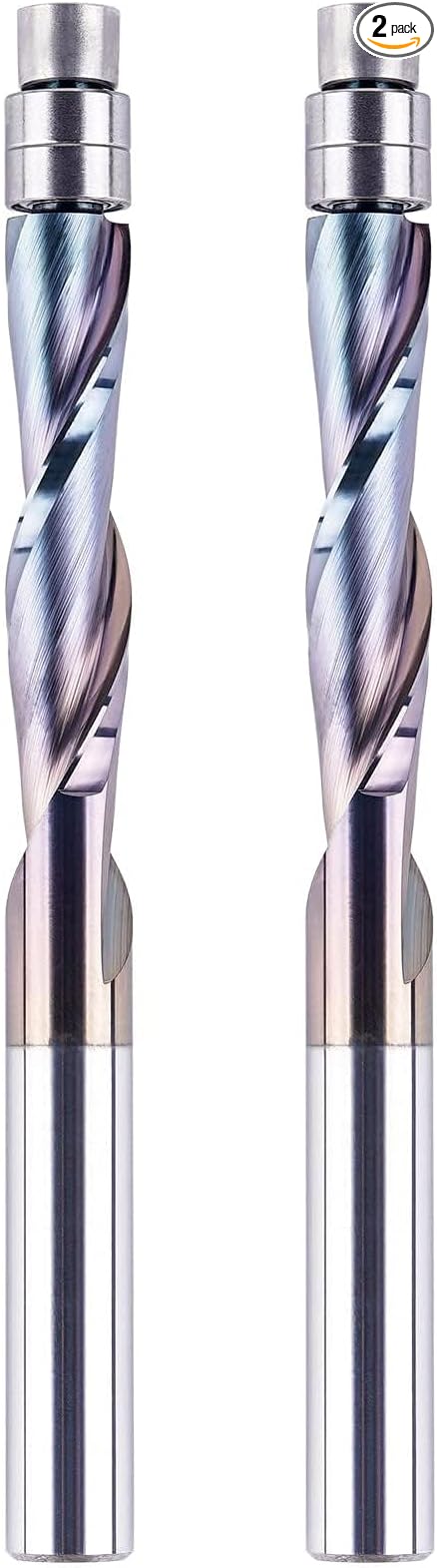 SpeTool 2PCS Upcut Spiral Flush Trim Router bit 1/4 Inch Shank 1-1/8 Inch Cutting Length Extra Long 3 Inch OVL,Carbide CNC Router Bit for Triming