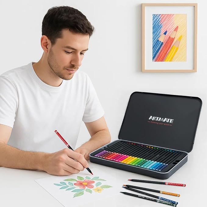Black Wood Professional Colored Pencils Set, Oil-Based, 4mm Soft Core for Artists, Drawing, Sketching, Shading, Blending, Layering, Adult Coloring Books, Pre-Sharpened in Metal Tin Box (48 Colors)
