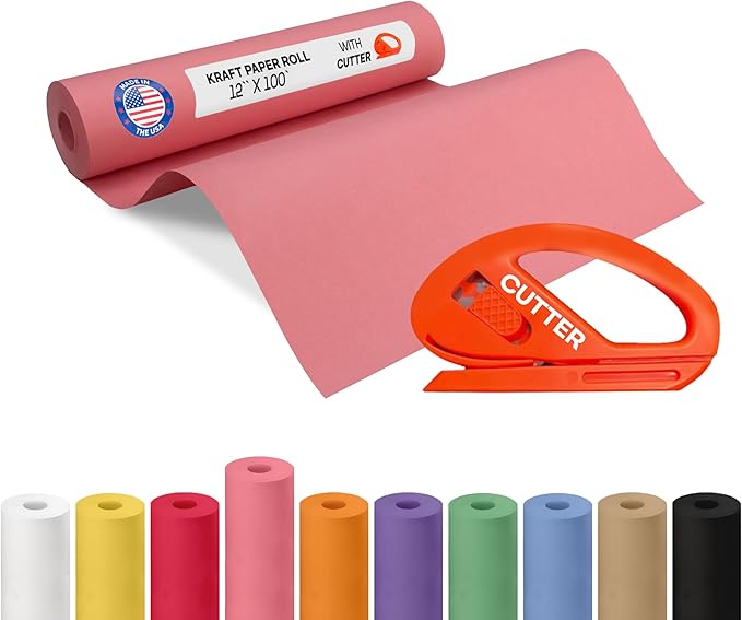 Pink Kraft Paper Roll 12" x 1200" (100 feet) with Cutter - USA-Made Wrapping Paper for Packing, Moving, Shipping & Crafts/Arts - 100% Recyclable Natural Craft Material by IDL Packaging