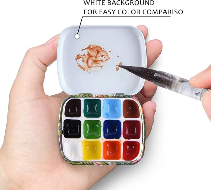 Portable Mini Tin Box,12-Well Empty Watercolor Palette,Small Paint Storage Travel Artist Outdoor Sketch Watercolor Kits with Magnetic Clip and Oil Pot .Selva