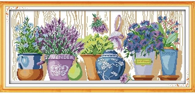 Stitchmelody Stamped Cross Stitch Kits,11CT Pre-Printed Pattern Embroidery Set DMC Cross-Stitch Kit (14CT Stamped kit,The pottings)