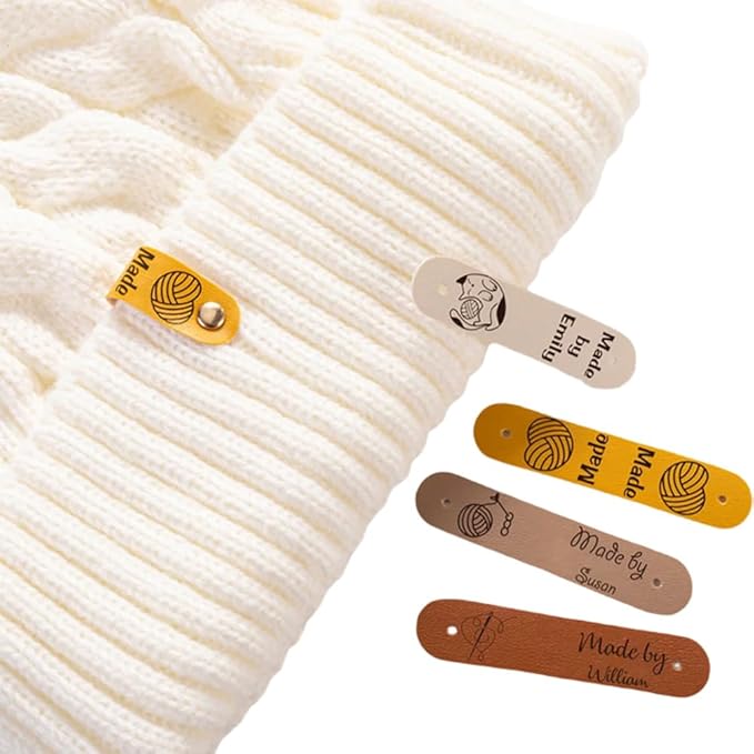 callie Personalized 10-100Pcs Leather Tags with Rivets - Custom Name & 22 Pattern, Made with Love Labels for Hats Beanies Scarves, Gifts for Knitting Sewing Crafting Lovers