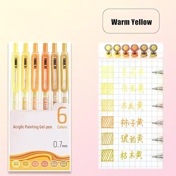 6 Pcs Acrylic Gel Pens 0.7mm Quick Dry Colorful Fine Point Smooth Writing Ballpoint, Office for Adult Coloring, Art Supplier, Drawing, Journaling, Note Taking, Warm Yellow Set