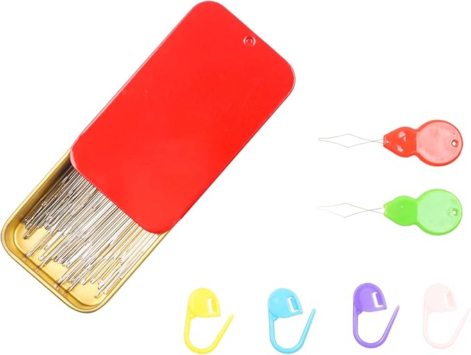 40/80PCS Large Eye Sewing Needles, 8 Sizes Hand Sewing Sharp Needles, Embroidery Needle, Leather Needle,Stainless Steel Yarn Needles with Threaders & Stitch Markers (Red 80pcs)