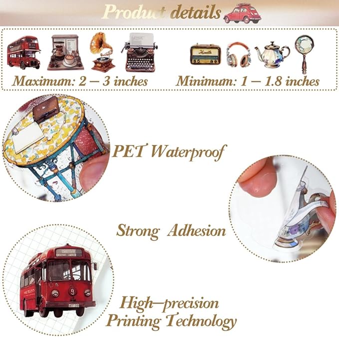 160 PCS Vintage Stickers, Retro Aesthetic Decals Set, PET Clear Waterproof Resin Stickers, Travel Foods Books Past Things Stickers for Scrapbook Diary Bottle Journals Laptop Crafts Planners