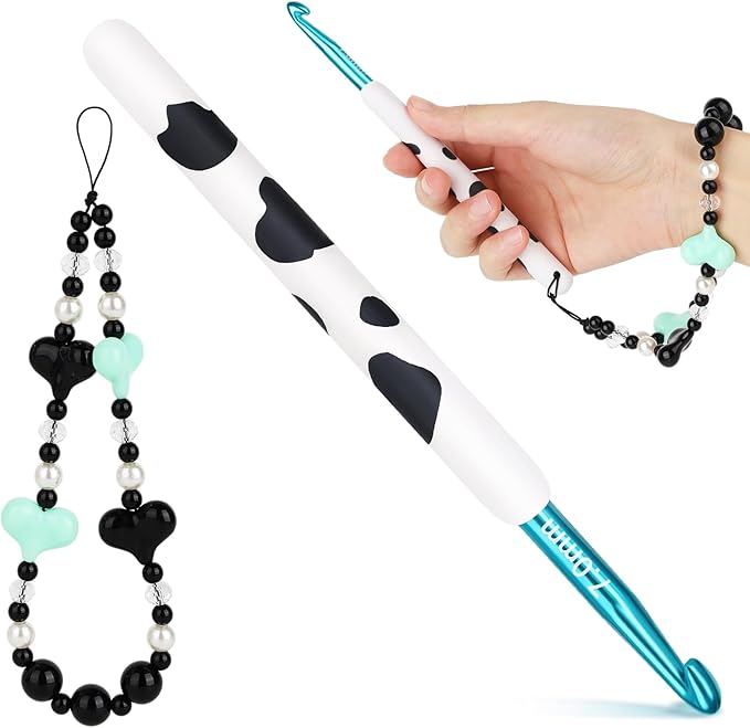 Katech Ergonomic Crochet Hook, Aluminum Soft Grip Crochet Hooks for Beginners and Arthritic Hands, Soft Clay Crochet Needle with Cow Motif and Bead Chain-Ideal Gift for Crocheter (7.0mm)