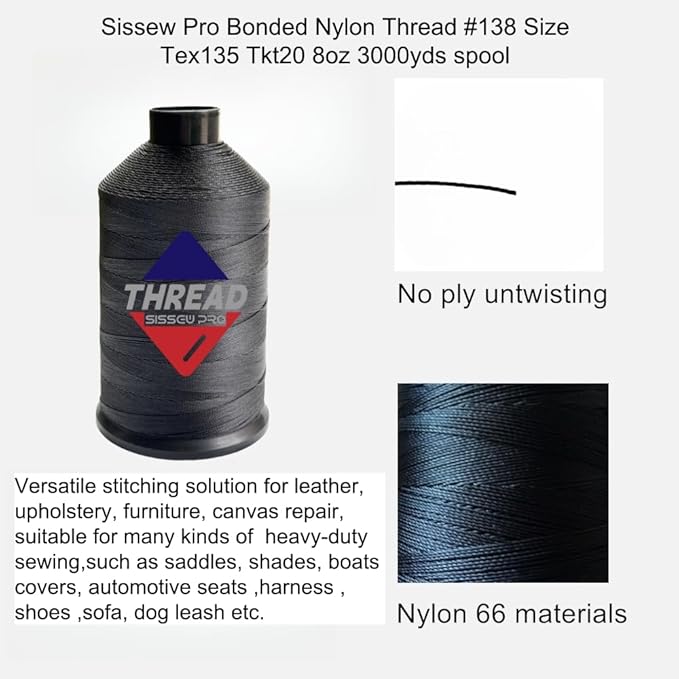 Sissewpro 8oz Bonded Nylon Thread 138 Upholstery Thread Heavy Duty for Sewing Machine Strong Black Threads for Leather Crafts Furniture Cusion,Boats Car Cover Seats,Canvas,Tex135,1500yds (Black)