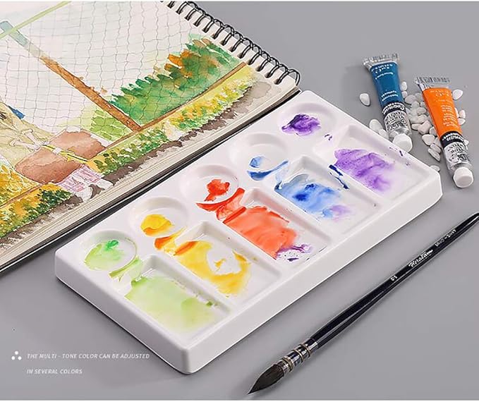 Jucoan 2 Pack 10-Well Ceramic Watercolor Painting Palette, 7-1/2 x 4-1/4 Inch Rectangle Porcelain Artist Paint Palette Mixing Tray for Watercolor, Gouache, Acrylic