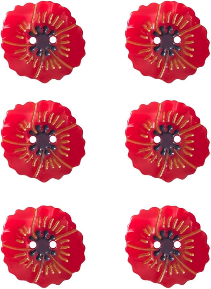 Red Poppy Shaped Buttons for Crafts,Acetate Button for Clothes,Buttons for Sewing,Button Bulk,Pack of 6