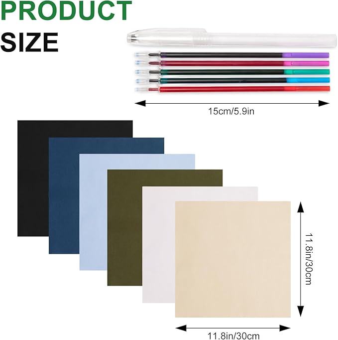KEPYDRMTF Embroidery Fabric Kit with Water-Soluble Pens - 24pcs (6 Cotton Fabric Squares 11.8"x11.8" + 6 Colored Pens) | for Embroidery Projects, Upholstery Decoration & DIY Crafts (12 PCS)