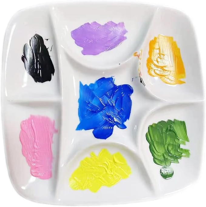 7-Well Square White Ceramic Artist Paint Palette Glazed Watercolor Painting Mixing Ceramic Porcelain Palette Oil Painting 5.7" Diameter