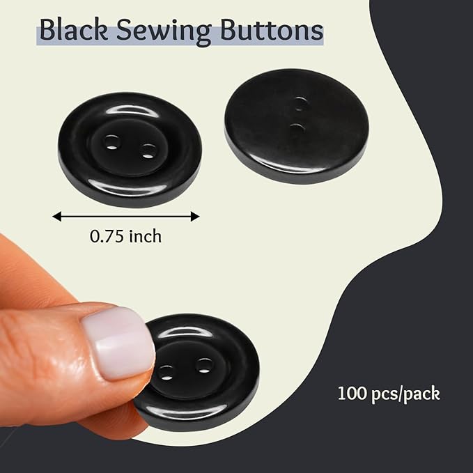 100 Pcs 30L Black Sewing Buttons 3/4" (19 mm) Round Flat Glossy 2-Hole 30L Large Plastic Buttons Polished Uniform Bulk Buttons for Sewing Workwear School Chef Aprons Pants Jacket Bags Craft DIY