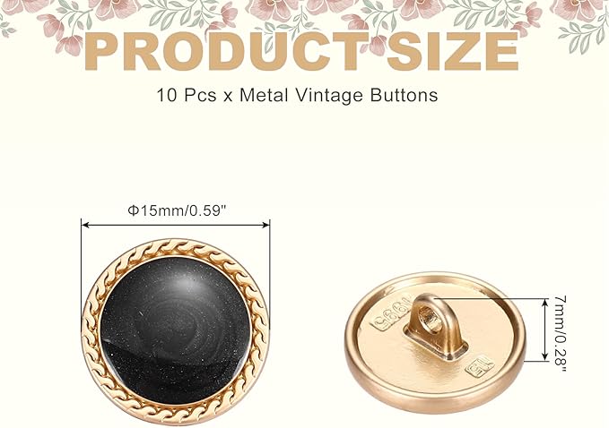 MECCANIXITY Metal Vintage Gold Button 15mm Round Metal Sewing Button Alloy Shank Replacement for Women's Suit Woolen Coat Shirt Dress Sewing Black Pack of 10