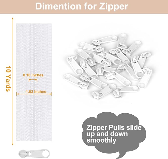 MiniRed 10Yards White Nylon Coil Zipper by The Yards, #3 Bulk Zippers for DIY Sewing Craft Bags with Replacement 20PCS Sliders (#3 White)
