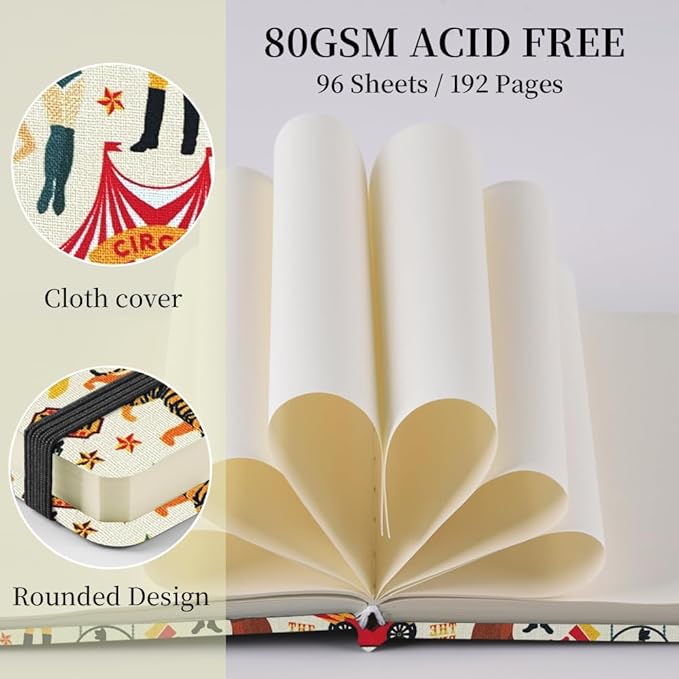 Square 4.8x4.8 inches 80gsm 96sheets/192 Pages Notebooks Blank Sketchbooks Travel Journal Pocket Hardcover Paint Writing Diary Memo Planner Cloth Cover. Circus Troup