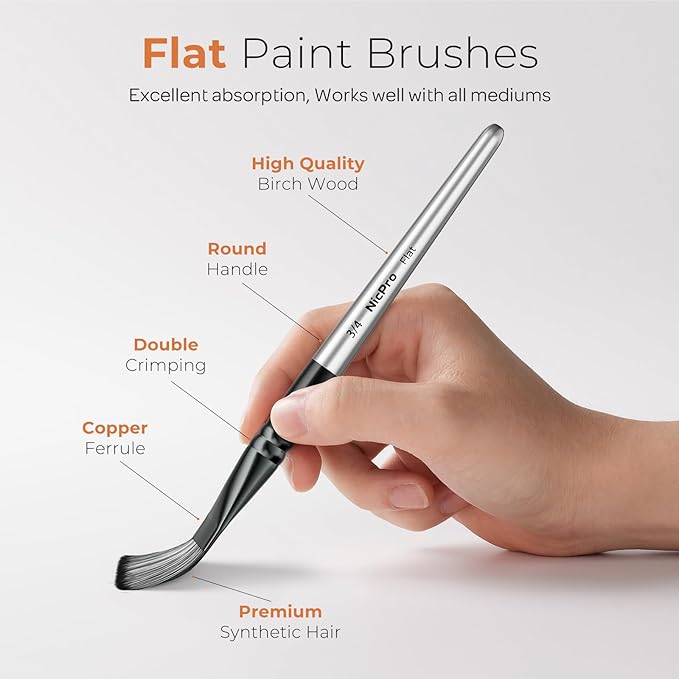 Nicpro 10pcs 3/4 Inch Flat Paint Brushes for Acrylic Painting, Large Paint Brushes Bulk for Acrylic Watercolor Oil, Artist Paint Brush Set for Canvas Painting, Base Coating, Crafts, Face Body Art