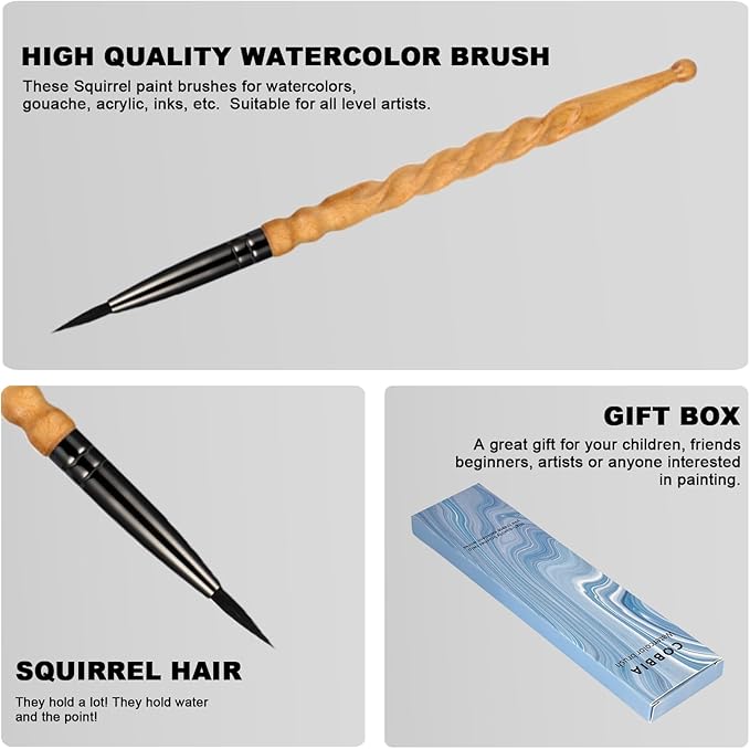 Round Watercolor Brush Size 4 - Professional Squirrel Hair Artist Brush for Watercolor, Acrylic & Gouache - Features a Hand-Carved Spiral Handle for Precision Detail and Small Washes