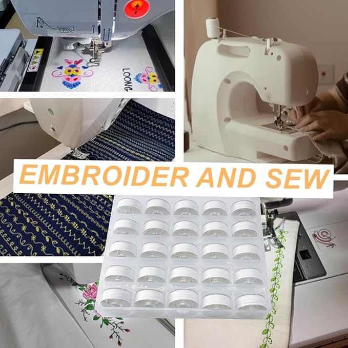 25pcs White 60S/2(90WT) Prewound Bobbin Thread, Plastic Size A SA156 Embroidery Bobbins, Cottonized Soft Feel Sewing Machine Bobbin for Brother Singer Janome Babylock Quilting Embroidery