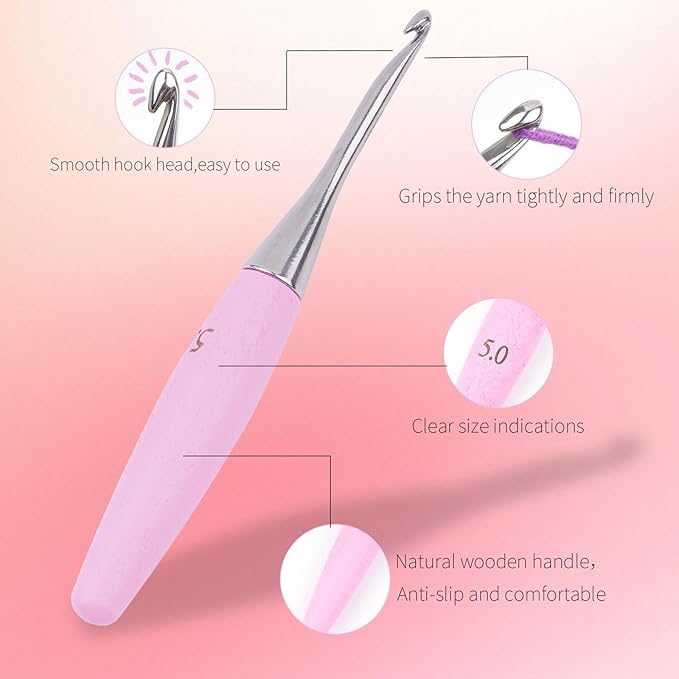 Crochet Hooks 5mm Crochet Hook Soft Lightweight Wood Ergonomic Handle and Stainless Steel Crochet Needles Tip (5 mm-H)