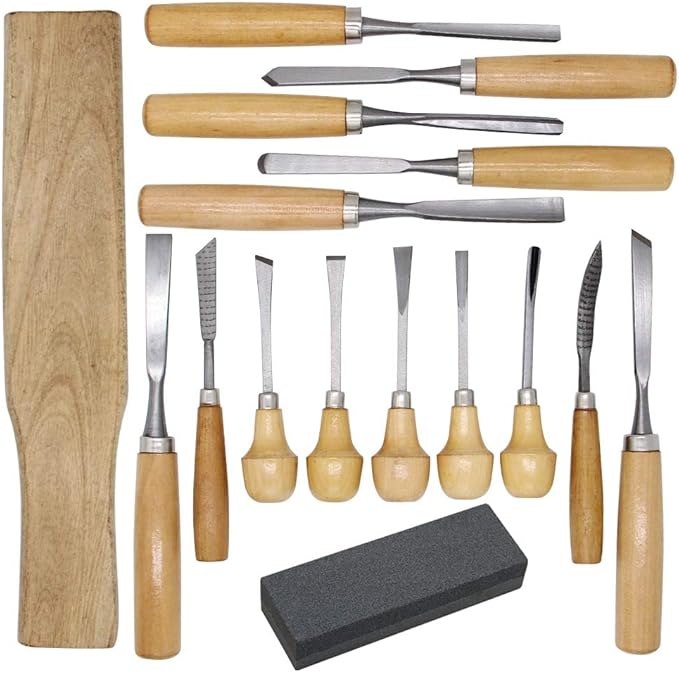Lulu Home Wood Carving Tools, 16PCS Professional Carving Knife Tool Set for Woodworking Premium Wood Handle with Chisel Gouge Whetstones