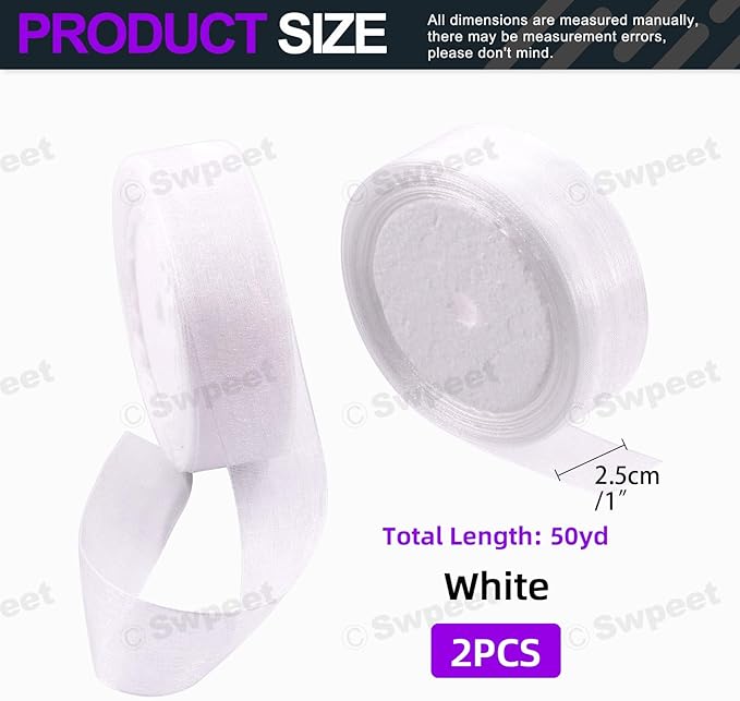 Swpeet 2 Rolls 50 Yards x 1 Inch White Shimmer Sheer Fabric Ribbons Organza Ribbon, Transparent Sheer Ribbon Chiffon Fabric Ribbons for Bouquets Wedding Birthday Decoration